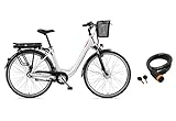 Telefunken E-Bike 28 Zoll Elektrofahrrad Alu mit 7-Gang Shimano Nabenschaltung, Pedelec Citybike mit Fahrradkorb, 250W und 13Ah, 36V Lithium-Ionen-Akku, RC657 Multitalent weiß + ‎Sekura Fahrradschloss