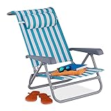 Relaxdays Liegestuhl klappbar, 8-stufig verstellbar, Strandstuhl mit Nackenkissen, Armlehnen & Flaschenöffner, blau/weiß, 1 Stück