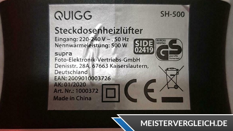 QUIGG Steckdosenheizlüfter Datenblatt