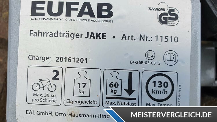 EUFAB Fahrradträger Jake Technische Angaben