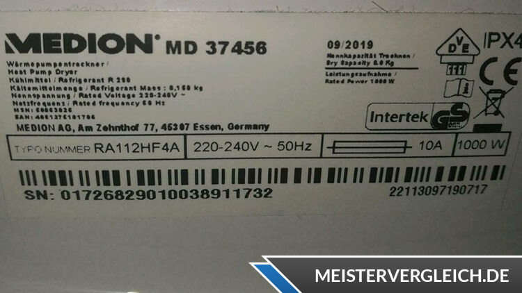 MEDION Wärmepumpentrockner MD 37456 Datenblatt