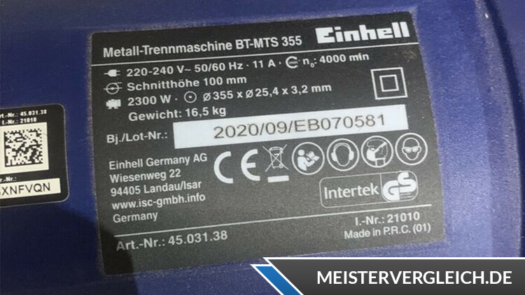 EINHELL Metall-Trennmaschine BT-MTS 355 Datenblatt
