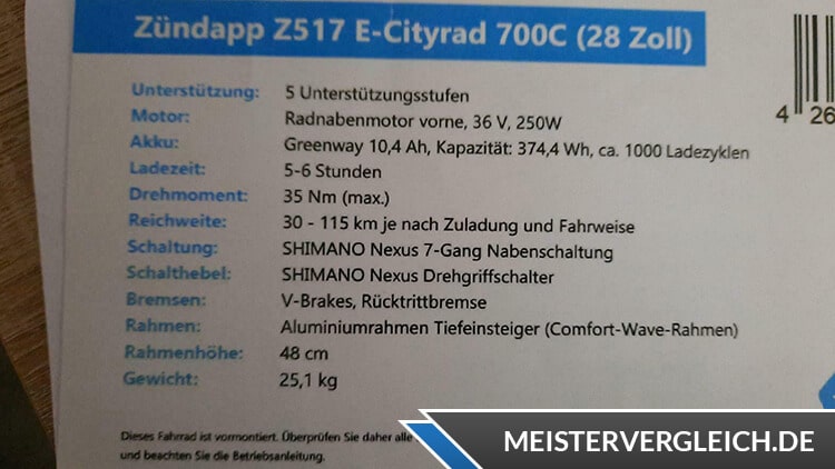 Zündapp E-Cityrad Z517 700c Datenblatt
